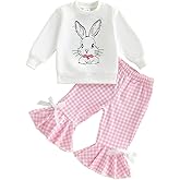 Hibabying Baby Girl Easter Outfit Long Sleeve Bunny Sweatshirt and Bell Bottoms Toddler Clothes for Girls 0-3 Years Old
