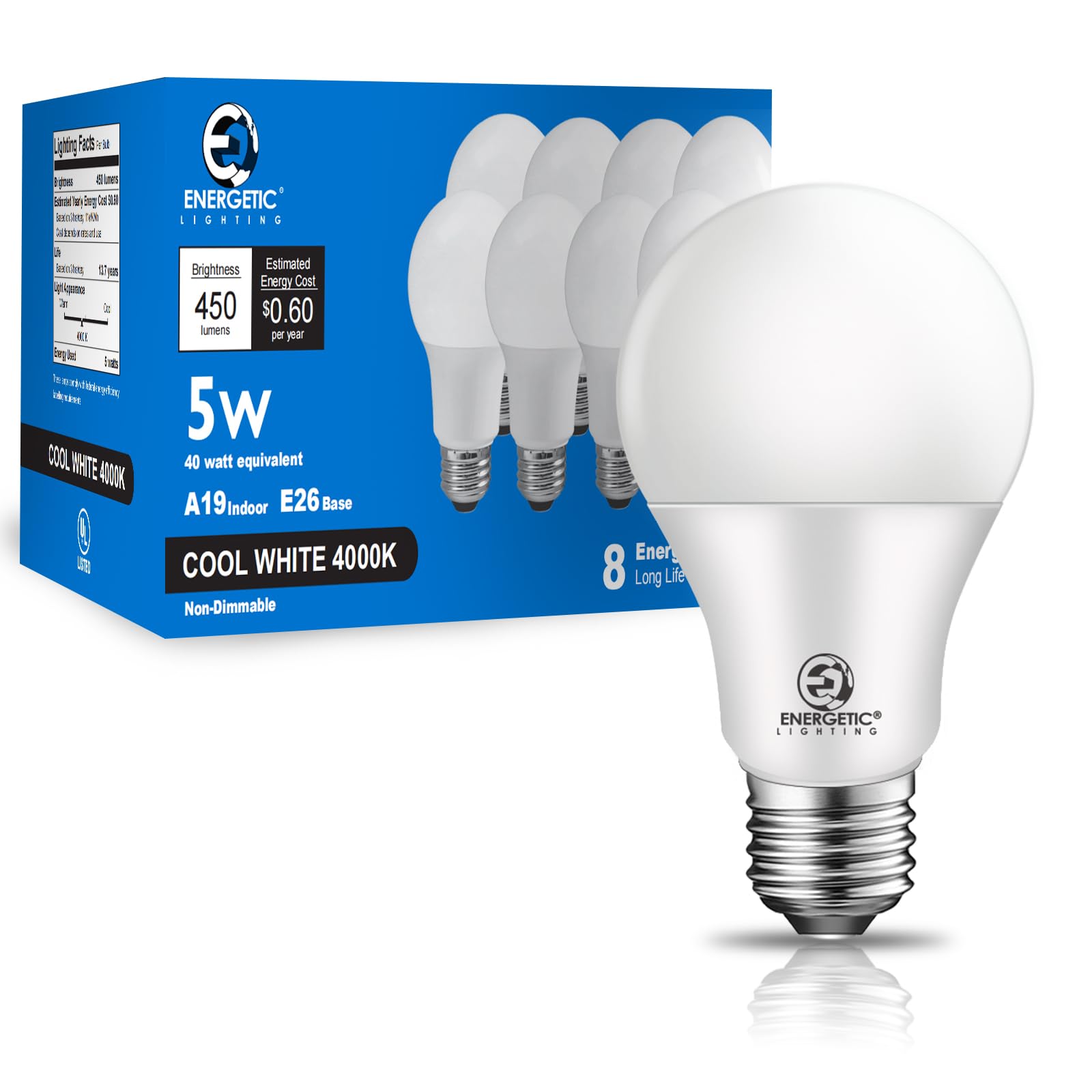 Photo 1 of E ENERGETIC LIGHTING 40W Equivalent, A19 LED Light Bulb, 4000K Cool White, E26 Standard Base, Non-Dimmable, 5W 450lm, ETL/UL Listed, 8 Packs