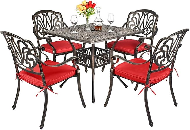 Amazon Com Titimo 5 Piece Outdoor Furniture Dining Set All Weather Cast Aluminum Conversation Set Includes 1 Square Table And 4 Chairs With Red Cushions And Umbrella Hole For Patio Garden Deck Flower Design Garden