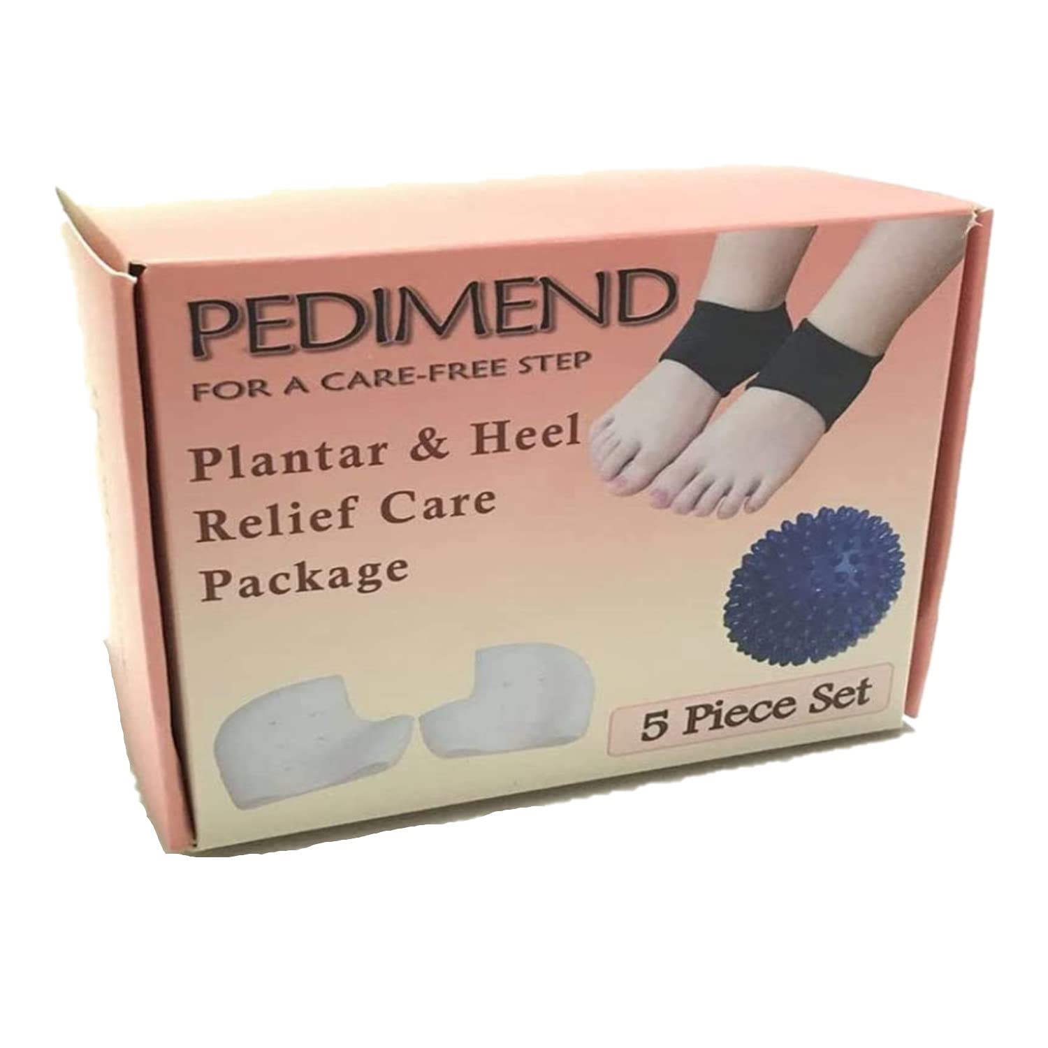 PEDIMEND Silicone PLANTAR FASCIITIS & HEEL RELIEF CARE Pack (5PCS Kit) - Plantar Fasciitis Sleeve / Gel Heel Supports - Spikey Massage Ball - Heel Pain Relief Pads, Relieve Foot Pain & Metatarsal Pain