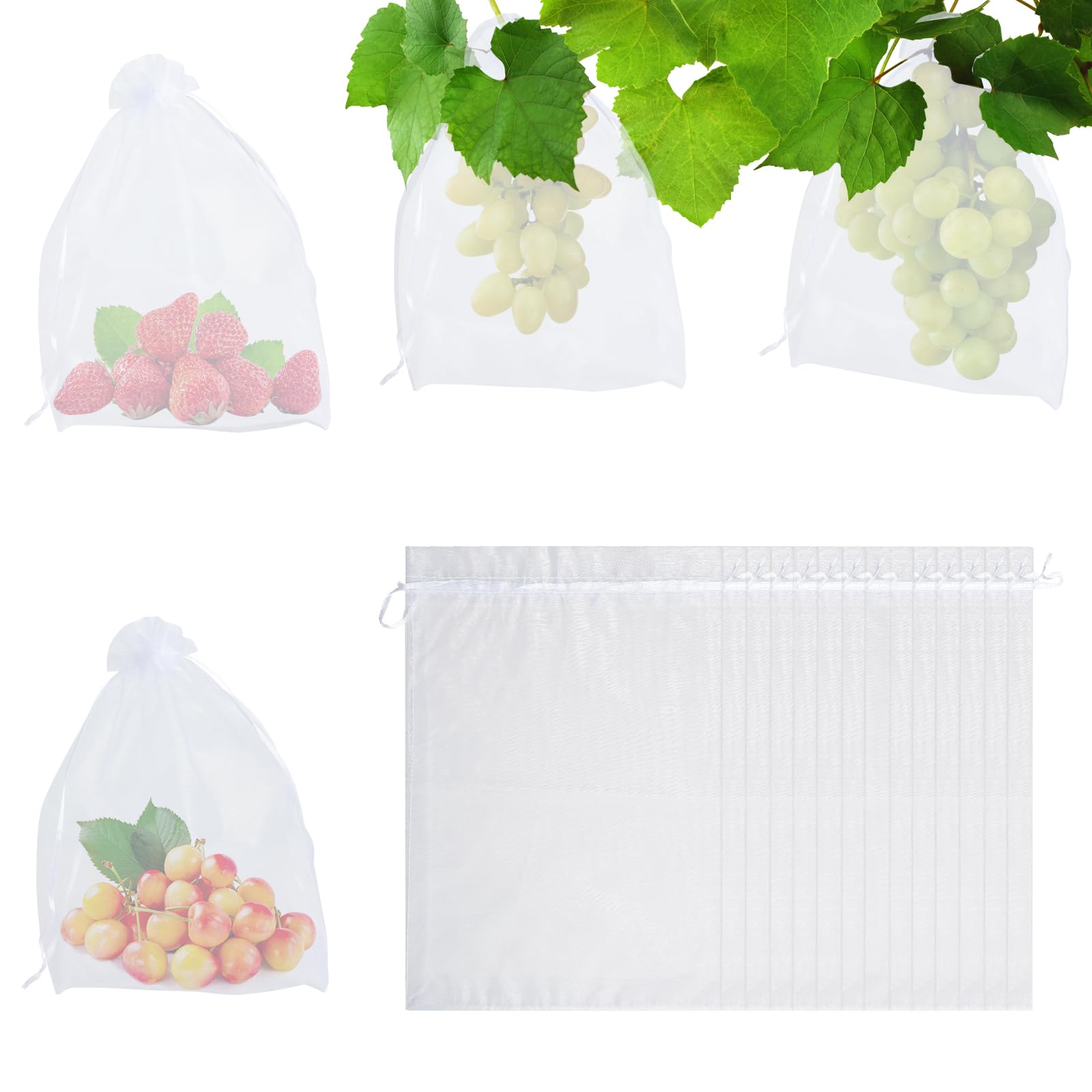 XXXFLOWER Fruit Protection Netting Bags with Drawstring,20x30cm Garden Netting Mesh Cover Organza Bags Insects Mosquito Barrier Net Strawberry Cherry Grape Bird Protection Bags 20Pcs(White)