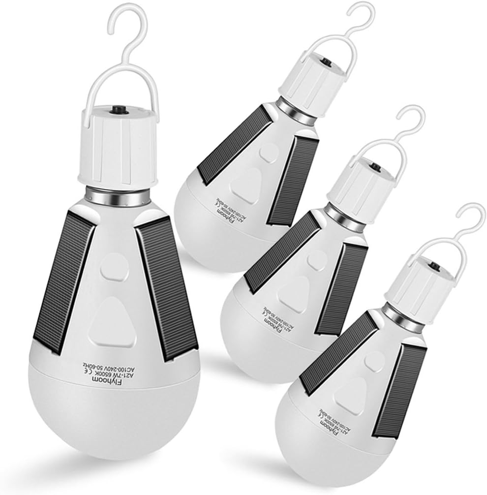 Flyhoom 4 Pack Rechargeable Solar Powered Camping Lights LED Emergency Light Bulb for Hurricane, Power Outage, Tent (White)