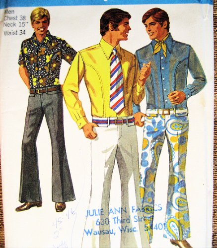 Simplicity 8255 Mens' Size 38(Waist34), Mod Bell Bottoms, Hip Huggers and Shirt Sewing Pattern, Vintage 1969