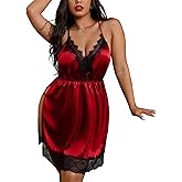 XAKALAKA Women Plus Size Lace Babydoll Lingerie Side Slit Strappy Chemise Sleepwear