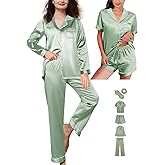 WJing Yi Jia 6Pcs Womens Silk Satin Pajamas Set XS-XXL Pajama Sets Pjs Set Button Down Pj Sets Sleepwear Loungewear