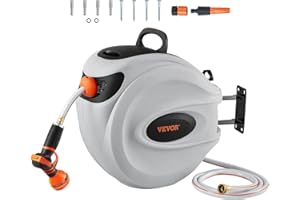 VEVOR Retractable Hose Reel, 100 ft x 1/2 inch, Garden Water Hose Reel with 9-Pattern Nozzle, 180° Swivel Bracket Wall-Mounted, Automatic Rewind, Lock at Any Length, with Slow Return System