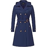 CREATMO US Women's Long Trench Coat Double-Breasted Classic Lapel Overcoat Belted Slim Outerwear Coat with Detachable Hood