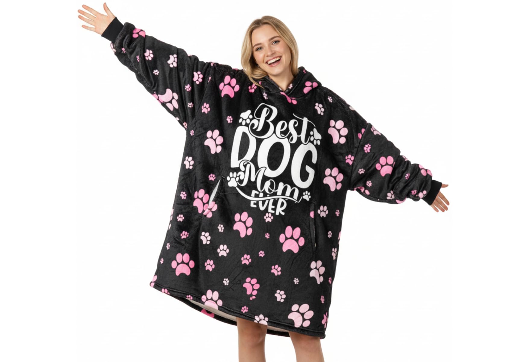 Dog Mum Gifts for Women, Wearable Blanket Hoodie for Adults, Oversized Flannel Hooded Blanket Big Sweatshirt, One Size 170x122 CM, Black