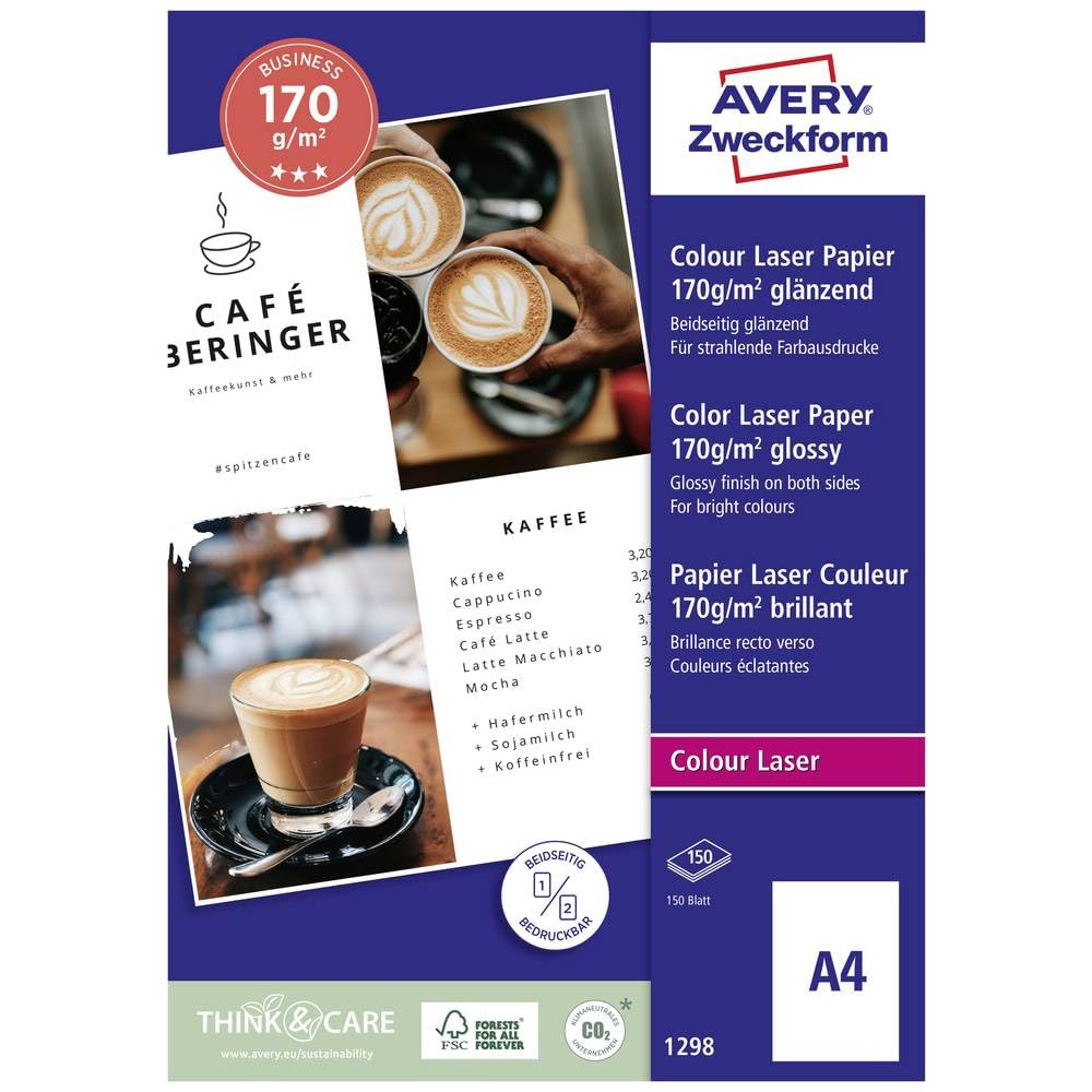 Avery Zweckform 1298 Photo Paper A4 Printable Both Sides 170 g for Colour Laser Printers Pack of 200 Sheets