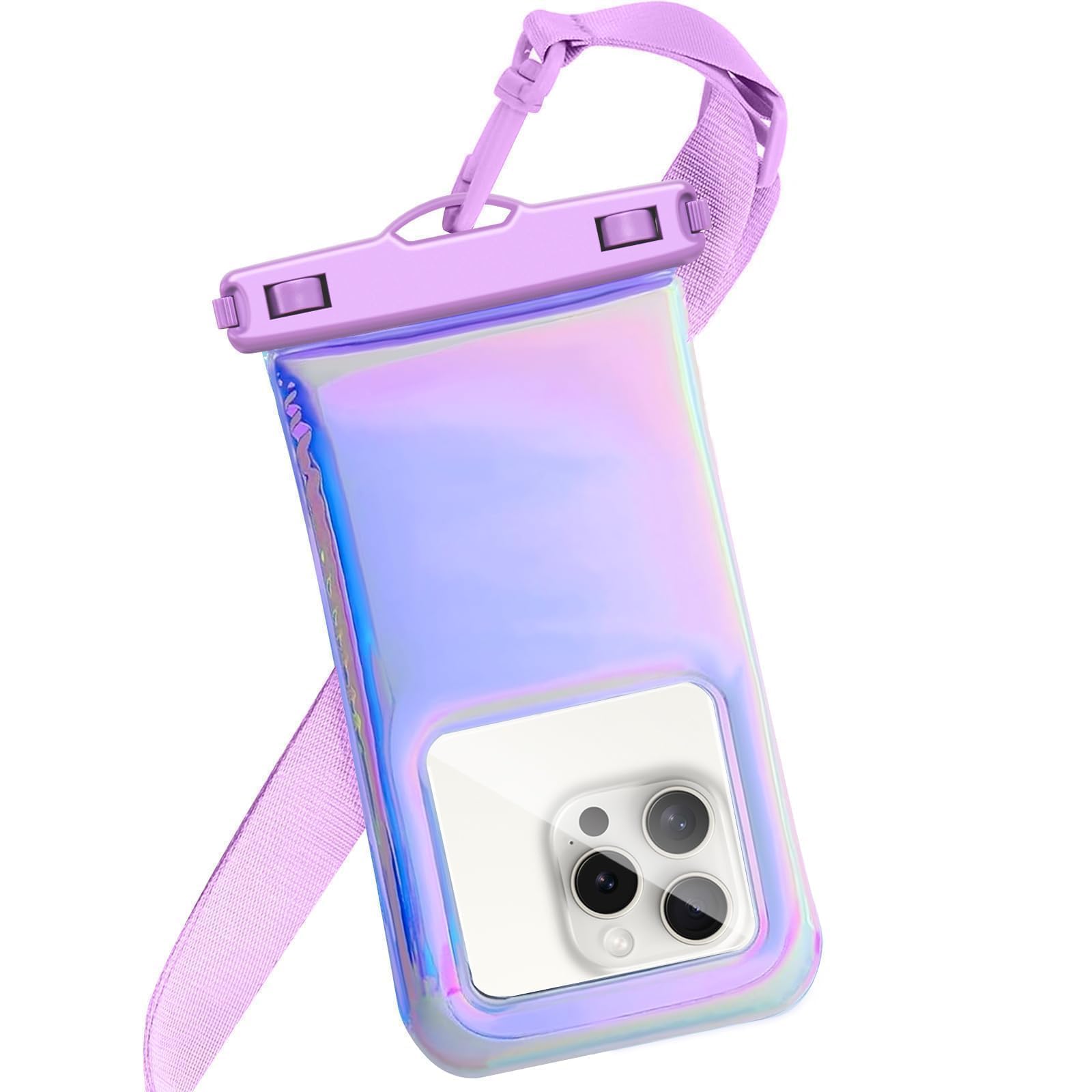 Photo 1 of Foweroty Floatable Waterproof Phone Pouch Case for iPhone 17 16 Pro Max/15/14/13/12, IP68 Travel Cellphone Dry Bag Beach Cruise Ship Essentials Bags with Crossbody Lanyard, Iridescent Purple - 7?