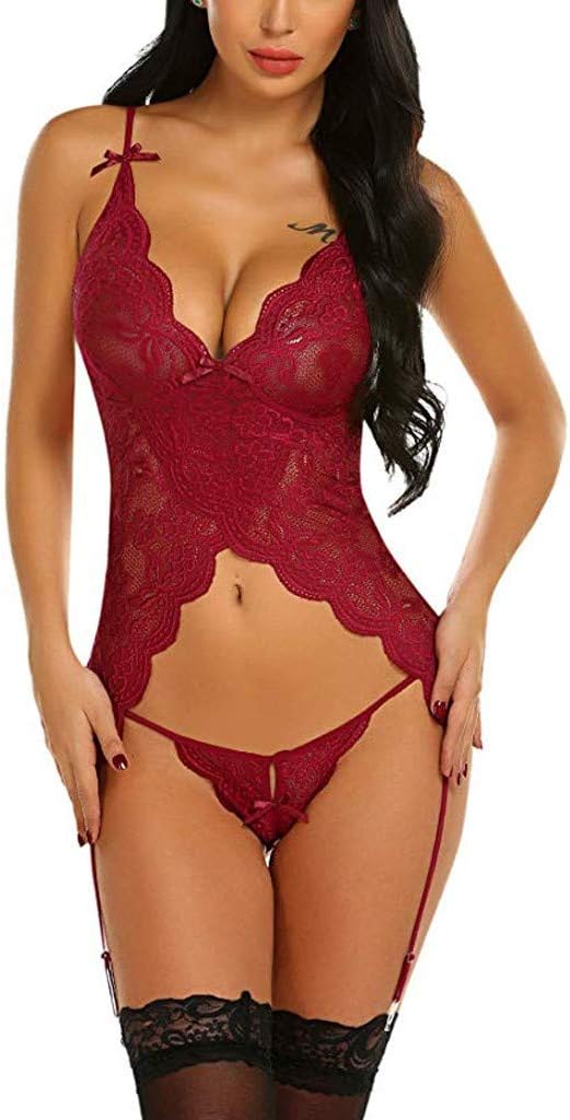 Womens Sexy Lingerie, Hansee Deep V Neck Sexy Negligees Set Sling Nightwear Lace Perspective Babydoll Bodysuit Sleepwear with Thong Underwear Jumpsuit Pajamas Nightgown for Woman