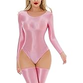 AUBIG Womens Shiny Oil Glossy Long Sleeve Leotard Stretchy Metallic Bodysuit Dance Leotard Club Lingerie