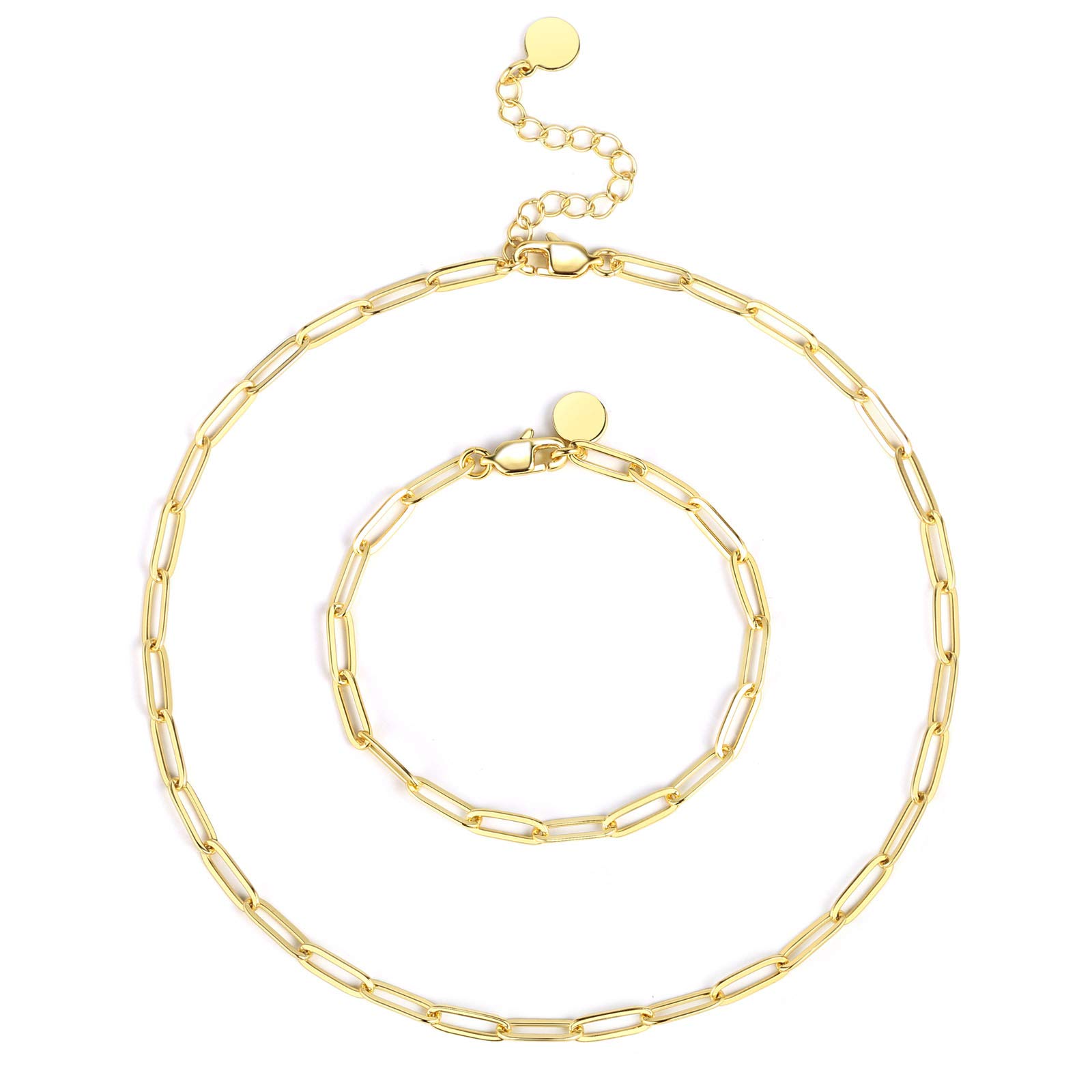 ALEXCRAFT Gold Necklace Bracelet Kit, Chain Necklace Bracelet for Women Girls, Choker Necklace 14ct Gold Plated Paperclip Link Necklace Bracelet Set 14'' Necklace 2'' Extender 7.5'' Bracelet