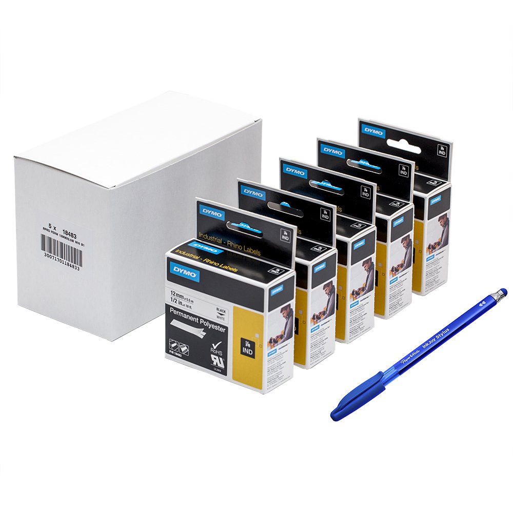 5 x Dymo 18483 Rhino Industrial-Strength Permanent Adhesive Fabric Label Tape, 12 mm x 5.5 m Cassette - Black Print on White + PaperMate Pen Gift