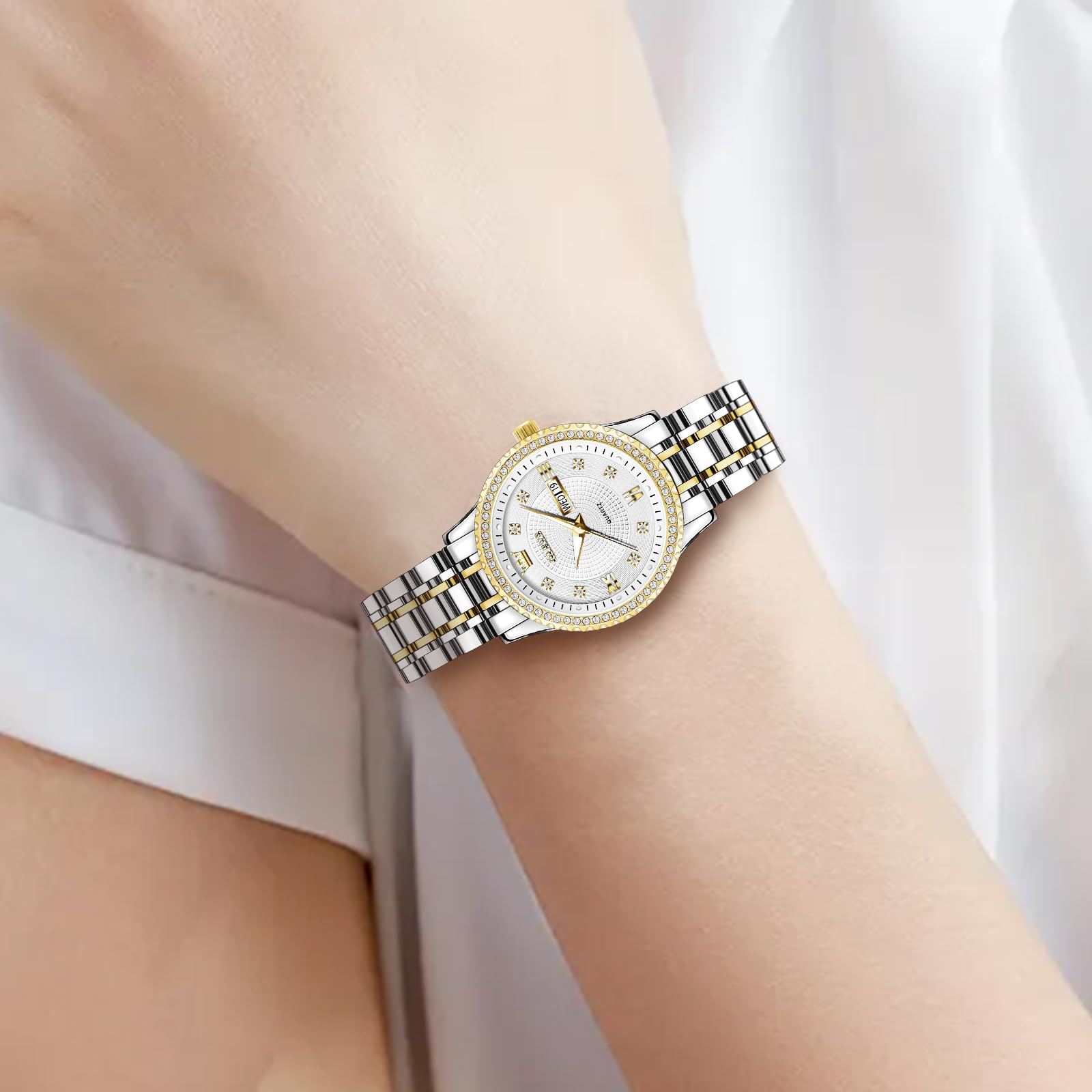 OLEVS Womens Watches Small Face Ladies Watches for Women with Day Date Diamond Silver Gold Two Tone Stainless Steel Waterproof Analog Reloj para Mujer Classic Fashion Dress Quartz Womens Wrist Watch