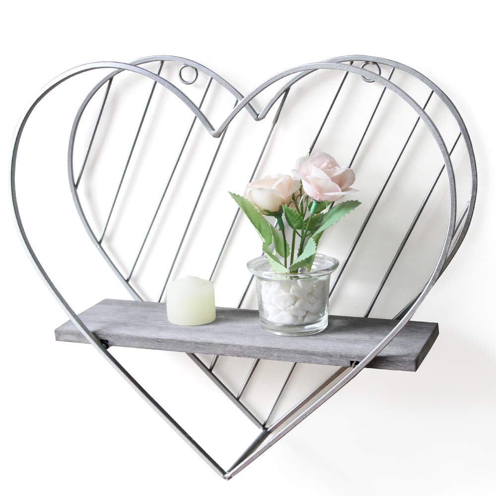 Afuly Floating Shelf Grey Shelves for Wall Metal Heart Silver Farmhouse Design for Bedroom Bathroom Toilet Gift Decor for Christmas
