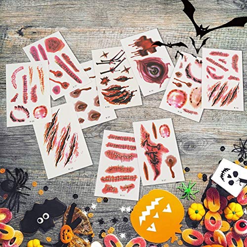 HAKACC Temporäre Tattoos, 30 Blatt Halloween Narben Tattoo Zombie Tattoo Aufkleber für Halloween Kostüm Makeup und Cosplay