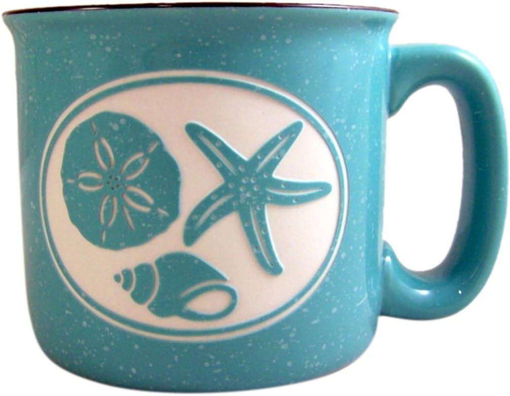 Camp Mug Aqua Sea Shells Ceramic Engraved Coffee Mug, 16 oz