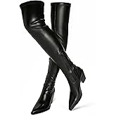 ElegaStep Women Thigh High Boots Leather PU Stretch Over The Knee Boots Slim Calf Block Chunky Heel Pointed Toe Cowboy Style Dress Long Boots