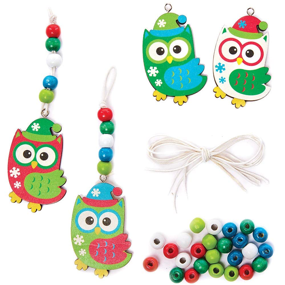 Baker Ross FX367 Christmas Owl Bead Decoration Kits - Pack of 4, Wood Craft Decorations for Kids Christmas Party, Arts and Crafts for Kids