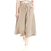 Rapbin Wide Leg Capri Pants for Women Gingham Striped Culottes Flowy Elastic Waist Cropped Palazzo Pants with Pockets