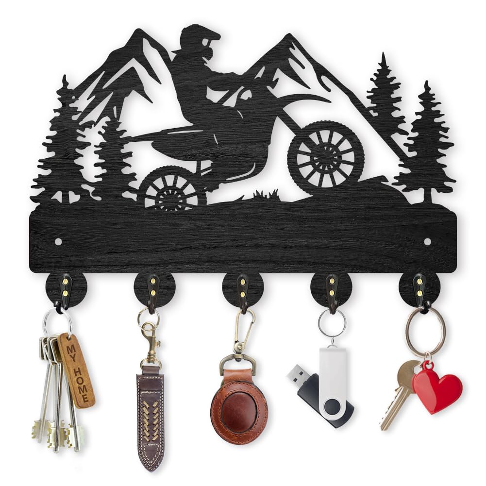 MAYJOYDIY Motorcycle Mountain Forest Coat Hooks Wall Mounted 30×20cm Outdoor Motorcycle Key Holder for Wall Wood Black Key Rack Hanger 5 Alloy Hooks for Wall Art Decor Entryway Front Door Gift