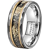 TUTISS 8mm Silver/Black Hammered Tungsten Rings for Men Women Engagement Wedding Bands Genuine Meteorite Shavings Gold Foil Inlay Matte Finish Comfort Fit