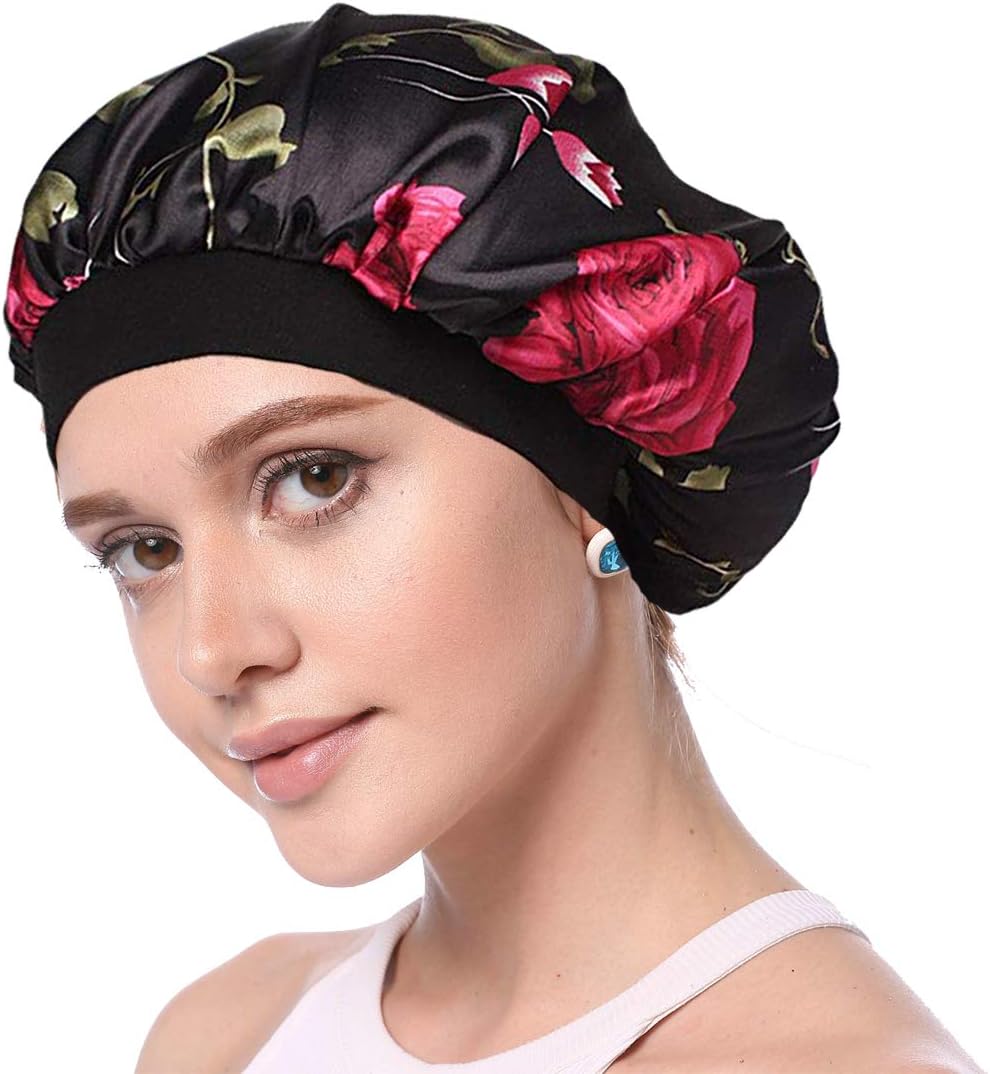 Simoda Satin Floral Night Cap for Curly Hair Elastic Band Hair Care Sleeping Bonnet