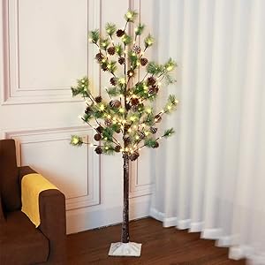 EAMBRITE Pre Lit Faux Norway Pine Tree with Pine Cones Realistic 5FT 112LT Christmas Tree Decor Christmas Wedding Party Holiday