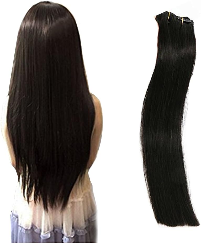 PolestarHair 70 Gram Clip in Hair Extensions Real Human Hair Extensions Natural Black Color 7 Pieces Silky Straight Weft Remy Virgin Hair (24inches, 1B)