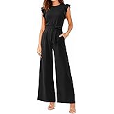 BTFBM Jumpsuits For Women 2026 Crew Neck Dressy Cap Sleeve Belted High Waist Wide Leg Romper One Piece Casual Outfits Pockets