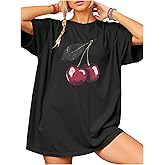 RoseSeek Women's Cherry Graphic Tees Top Crewneck Short Sleeve Baggy T Shirt