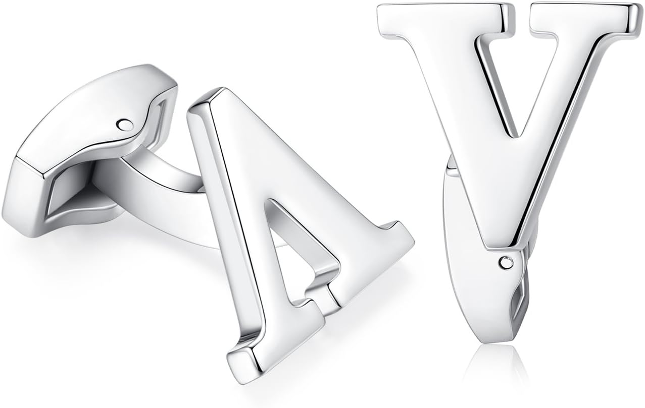 HananaMens Initial Alphabet Letter Cufflinks for Wedding Marriage Gift Silver
