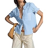 Skoinvb Womens Peter Pan Collar Shirt Short Puff Sleeve Button Down Blouse Tops 2025 Summer Casual Stripped Shirts