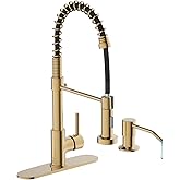 Kitchen Faucet, Brushed Gold Kitchen Faucet with Soap Dispenser and Deck Plate, Faucet for Camper Farmhouse RV Kitchen Sink, Single Handle Stainless Steel Kitchen Sink Faucets with Pull Down Sprayer