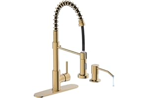 CASAVILLA Kitchen Faucet, Brushed Gold Kitchen Faucet with Soap Dispenser and Deck Plate, Faucet for Camper Farmhouse RV Kitchen Sink, Single Handle Stainless Steel Kitchen Sink Faucets with Pull Down Sprayer