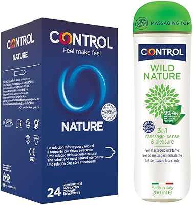 Natural, Pack de Preservativos Nature y Gel de Masaje Wild 3 en 1, 99,4% Ingredientes Naturales - 24 Preservativos