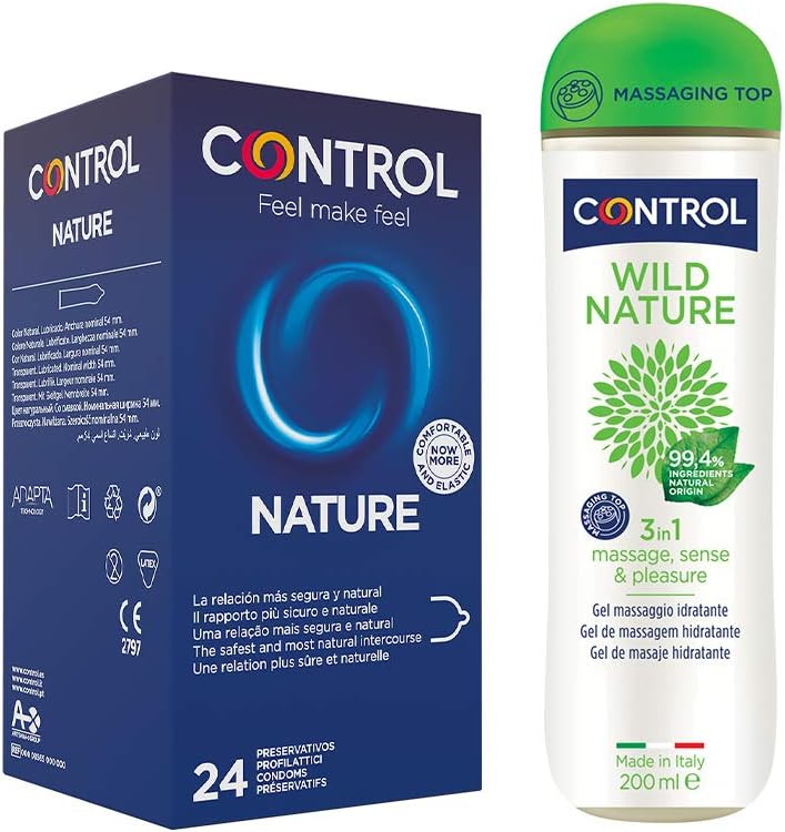 Natural, Pack de Preservativos Nature y Gel de Masaje Wild 3 en 1, 99,4% Ingredientes Naturales - 24 Preservativos