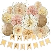 Champagne Gold Beige Birthday Decorations Boho Dusty Pink Birthday Decorations Paper Fans Paper Pom Poms Lanterns for Women Girl Blush Pink Neutral Birthday Party Decor