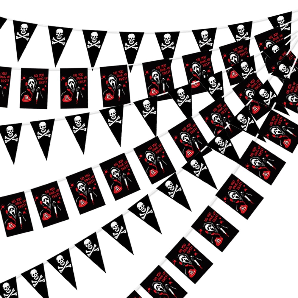 2 Pack Black Skull Flag Garland Banner,Halloween Skeleton Ghost Rectangular and Triangle Flags Pirate Bunting Hanging Banner String for Halloween Pirate Party Bar Haunted House Decor