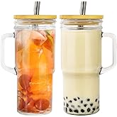 CHLJAR 2Pcs Glass Cups with Lids and Straws, 24oz Mason Jar Iced Coffee Cup Drinking Jars Glasses Tumbler with Handle Bamboo Lids Wide Mouth Travel Mug for Bubble Tea, Iced Coffee, Smoothie, Beer