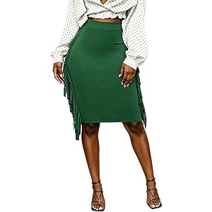 Lrady Women High Waist Side Tassel Fringe Bodycon Knee Length Pencil Skirt | Elastic High Waisted, Sexy Slim Fit Skirts, Soft