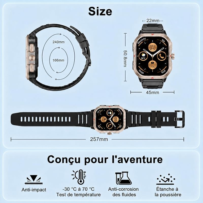 Montre Connectée Homme Militaire, Smartwatch GPS Intégré, Noir