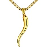 U7 Italian Horn Necklace for Men Women,Stainless Steel/Black/Gold Horn Necklace,Lucky Amulet Cornicello Pendant