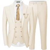 SPTALLFITJSV Men's 3 Piece Suits Slim Fit | Blazer Jacket Double Breasted Vest and Pants Suit Set with Gold Button for Wedding Prom Business