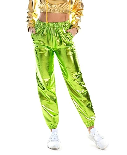 Zaxicht Womens Metallic Shiny Jogger Pants, Casual High Waisted