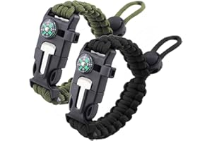 ZHIYE Survival Paracord Bracelet Flint Fire Starter Scraper Compass Wilderness Survival Whistle Adjustable Wristband 2Pack Black&Armygreen