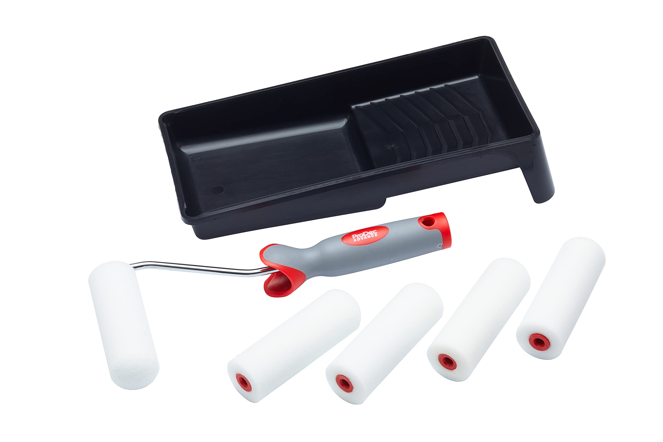 ProDec 7 Piece Foam 4 inch Mini Paint Rollers, Soft Grip Frame and Tray Set for a Smooth Finish with Gloss and Satin Paints on Skirting Boards, Window Sills, Panel Doors, Cabinets, Metal and More, 4"