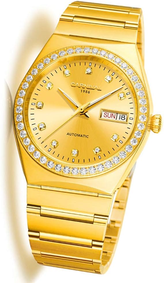 Amazon Co Jp メンズ自動機械ゴールドメッキ腕時計マットステンレススチールメンズクリスタルアクセント腕時計 Men S Standard Full Gold 服 ファッション小物