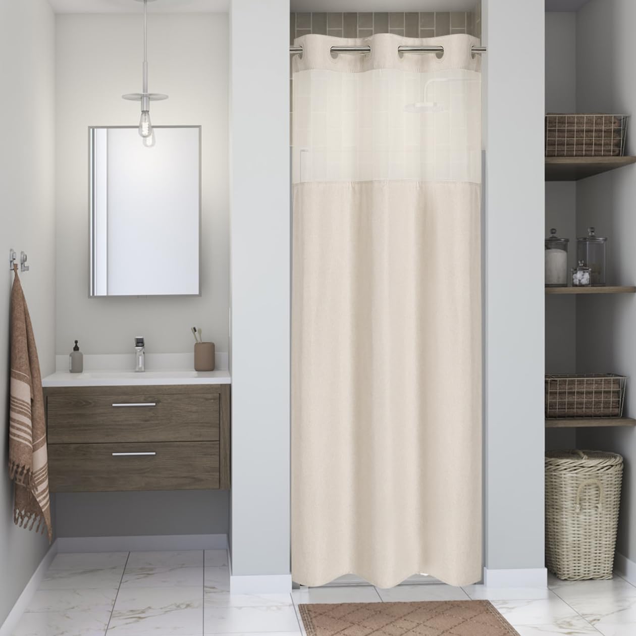 eachope Stall No Hooks Needed Linen Textured Shower Curtain with Snap-in Fabric Liner Set,Hotel Luxury Decor Shower Curtains for Bathroom with Mesh Top Window,Waterproof & Washable,36Wx74H,Cream